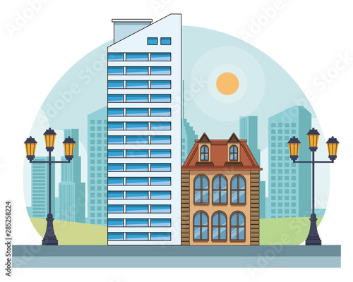 Urban buildings and city architecture in black and white
