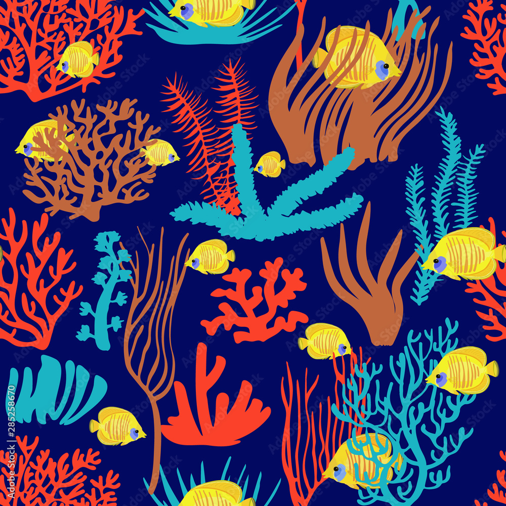 Fototapeta premium Underwater corals and seaweed seamless pattern