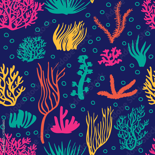 Underwater corals and seaweed seamless pattern