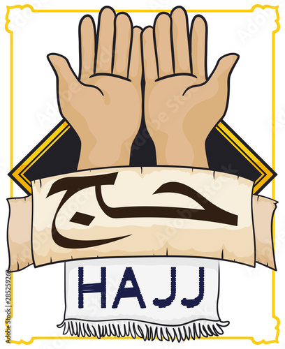 Praying Hands, Ihram Cloth and Scroll for Hajj Pilgrimage, Vector Illustration