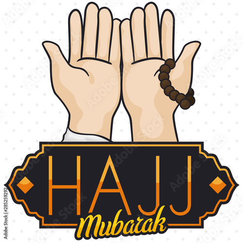 Pilgrim Hands Praying , String Bead and Sign for Hajj Rituals, Vector Illustration