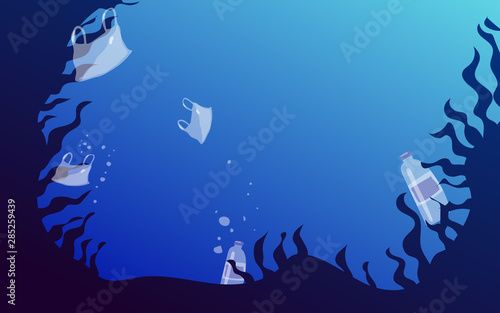 plastic pollution illustration trash under the sea Template with different kinds of garbage  bags  wastes  and plastic utensils in the ocean