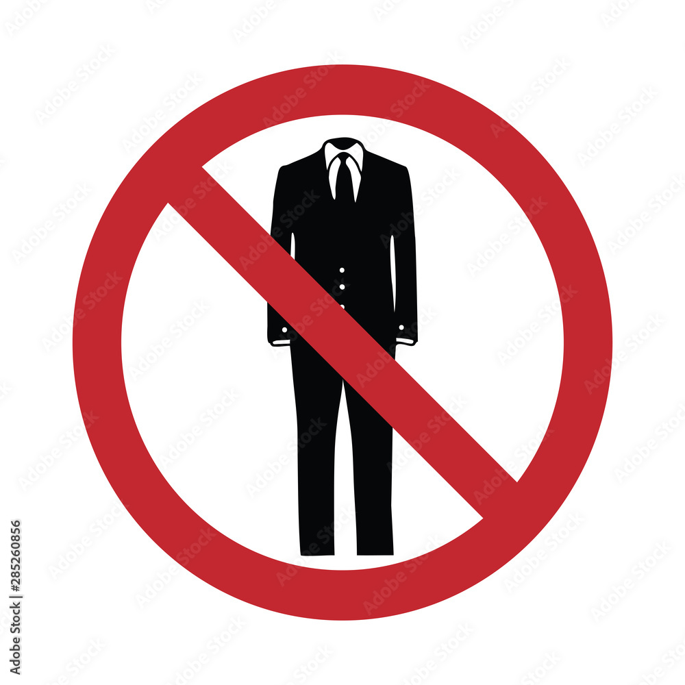 Vector Silhouette No Entry With Suit Mark On White Background. Symbol 