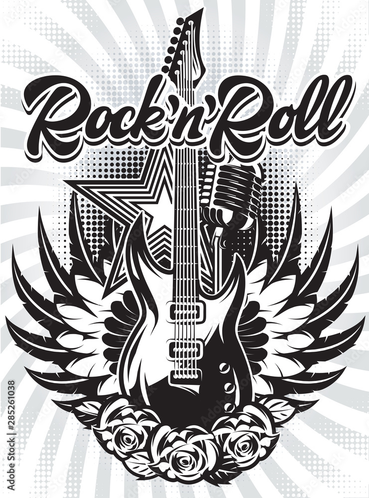 Fototapeta premium Vector monochrome illustration with guitar, tape and text