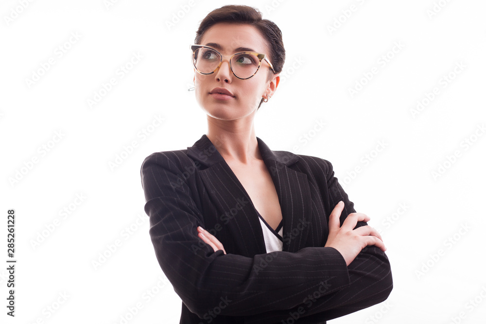 Portrait of cheerful fashion model with glasses wearing a black jacket over white background in studio Portrait of cheerful fashion model with glasses wearing a black jacket over white background in studio
