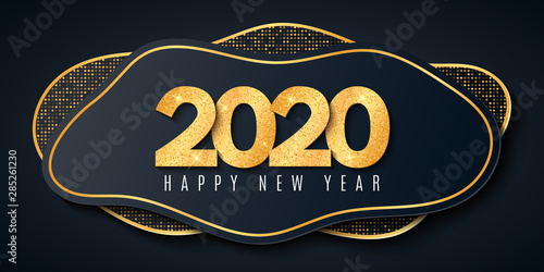 Abstract modern banner for happy new year 2020. Fluid design. Waves shapes with golden glitters. Geometric style. Greeting card. Vector illustration
