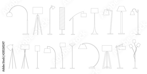 Variety of lamps for home and office. Collection of lamp icons, thin line style, vector stock illustration.