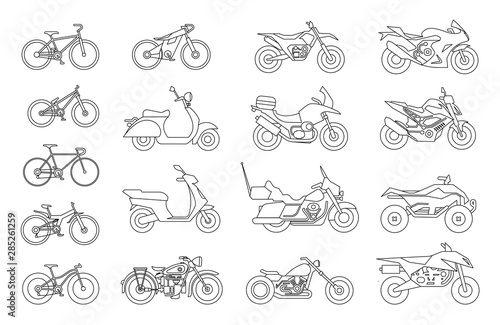 Collection of Motorcycles and bicycles icons. Moto vehicles symbols vector stock illustration.