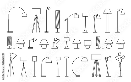 Variety of lamps for home and office. Collection of lamp icons, thin line style, vector stock illustration. photo