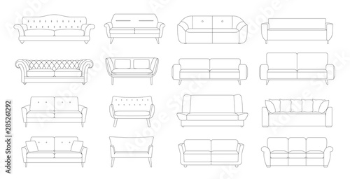 Sofa line Icons. Furniture design. Comfortable couch collection isolated on white background for interior design. Collection of sofa illustration.