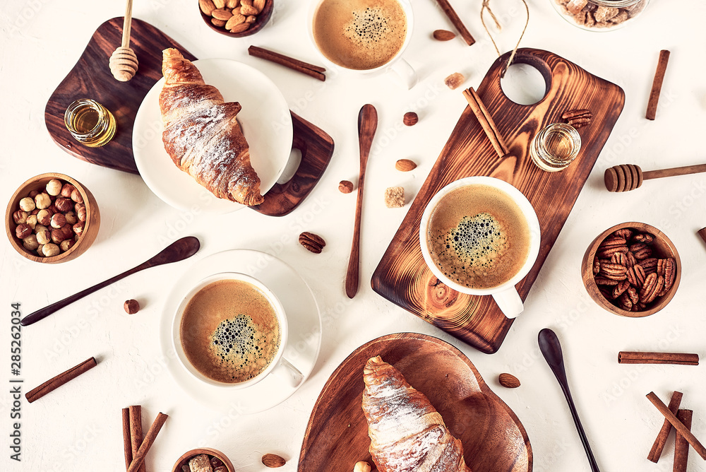 breakfast pattern, croissant, coffee, honey, cinnamon sticks, nuts, sugar. Good morning concept, wake up, sweet life.