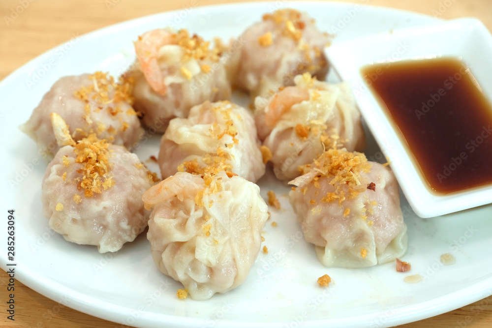 closeup shrimp dumpling with china sauce closeup shrimp dumpling with china sauce