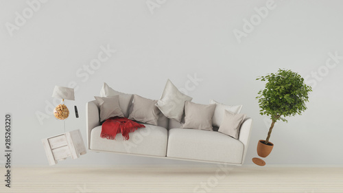 Fliegendes Sofa und Möbel in Schwerelosigkeit photo