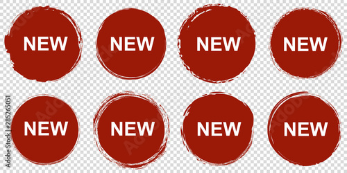 set of red NEW round banners - brush painted circle on transparent background