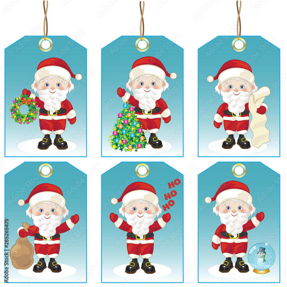 Set of six Christmas labels with small Santa Claus to decorate the fir or gift packages