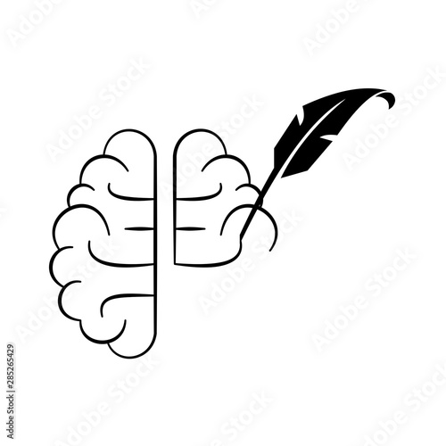 Feather pen drawing a human brain on white surface. Rewiring brain concept.