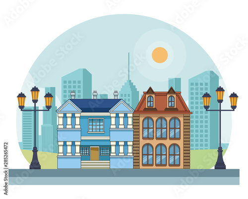 Urban buildings and city architecture in black and white