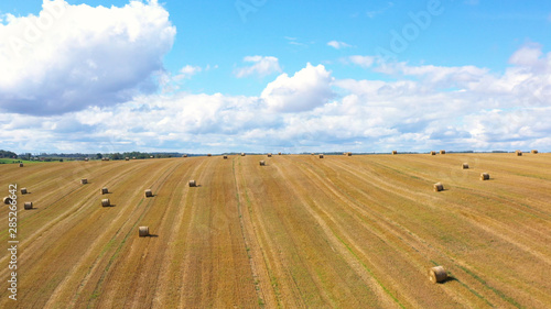 Aerial Drone view of Hay Rolls in the Wheat Field, Surrounded with Forests - Sunny Summer Day, Vintage Look Edit.