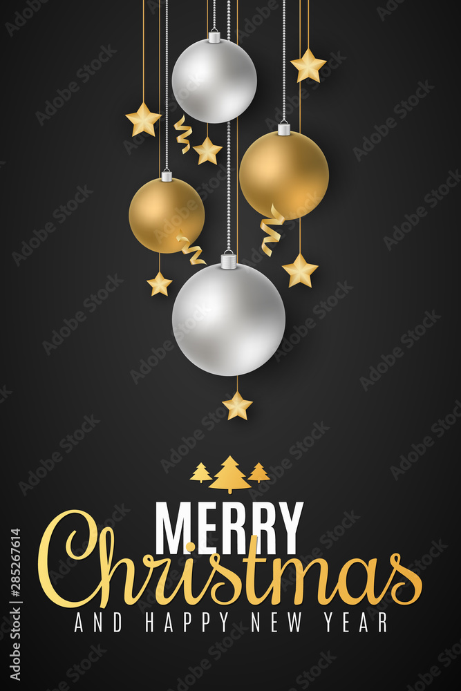 Poster for Merry Christmas and Happy New Year. Christmas concept. Festive balls, golden stars and serpentine. Greeting card. Beautiful lettering. Vector illustration