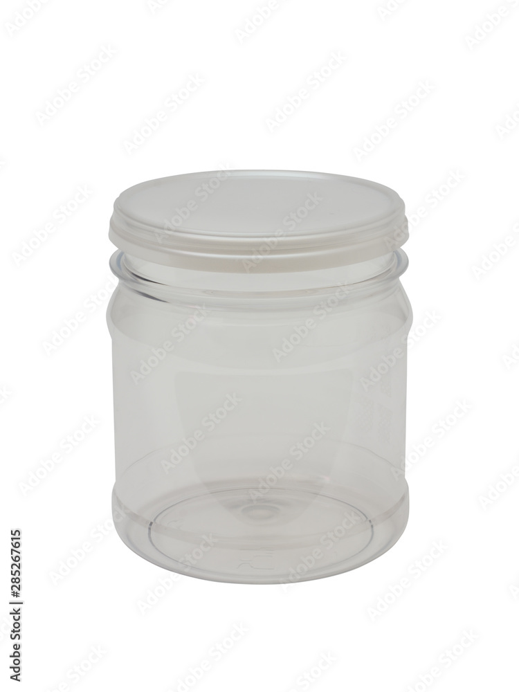 Empty plastic can closed with a lid for medicine or cosmetics. Isolated on a white background Empty plastic can closed with a lid for medicine or cosmetics. Isolated on a white background