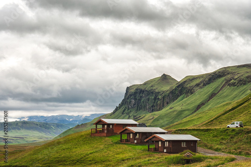 Small double wooden cabin at a campsite in Iceland, Scandinavia