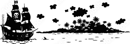 Treasure island and a sea pirate sailing ship with guns and a black flag of Jolly Roger with bones on its main mast in chase, silhouette black and white vector illustration in a cartoon style
