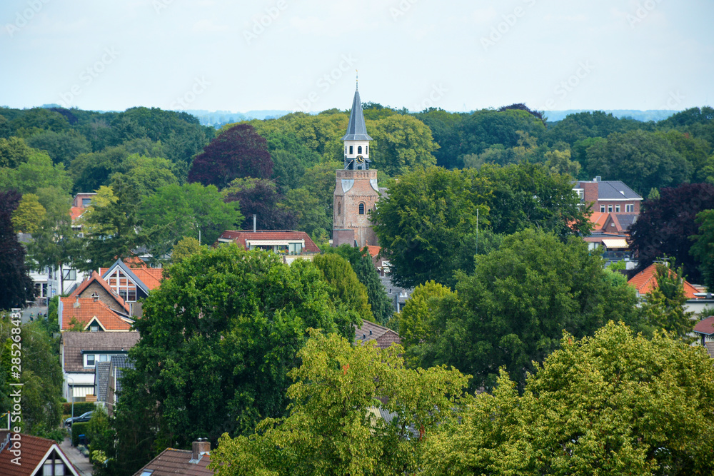 Aerial view on Nunspeet, a small Dutch village with church in the Netherlands