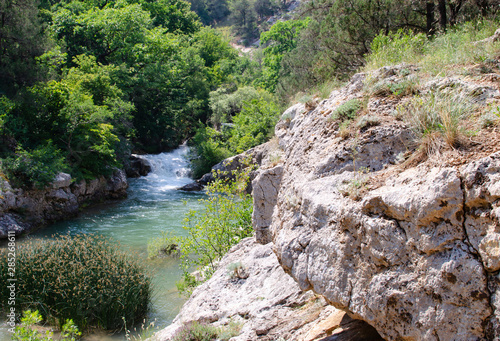 view of the beautiful mountain river in the Crimea among the rocks and trees in the summer