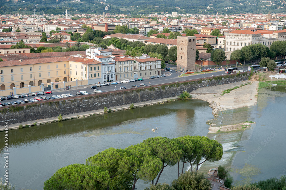 Florence view with Arno river, from San Niccolò tower, in a summer day.