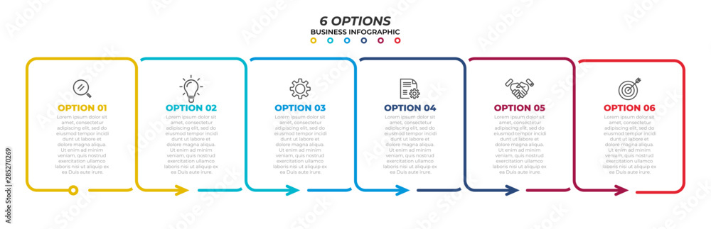 Fototapeta premium Thin line flat infographic design template with marketing icons and 6 options, steps. Vector timeline elements. Can be used for process diagram, presentations, workflow layout, flow chart, info graph.