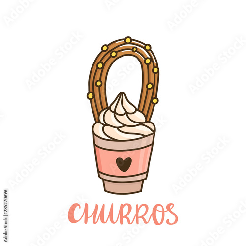 Churros with ice cream. Churros (or churro) is a traditional Spanish dessert. It can be used for menu, sign, banner, poster, etc.