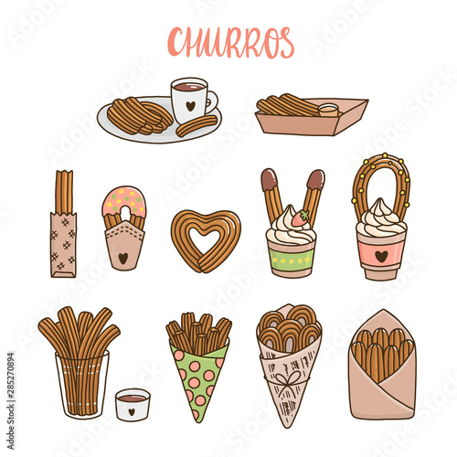 Set of churros, different ways of cooking and serving churros. Churros (or churro) is a traditional Spanish dessert. It can be used for menu, sign, banner, poster, etc.