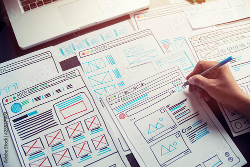 Obraz na płótnie Website designer Creative planning application developer development draft sketch drawing template layout prototype framework wireframe design studio . User experience concept .