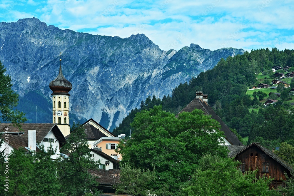 Austrian Alps-view of the church in town Schruns