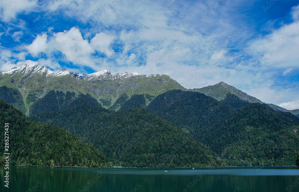 Natural landscape with lake Ritsa and beautiful mountains