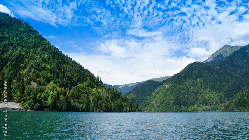 Natural landscape with lake Ritsa and beautiful mountains