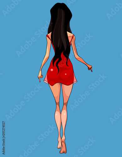 walking away cartoonish attractive woman in red dress and barefoot
