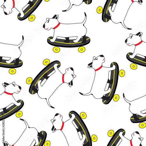 Dog on skateboard seamless pattern. Background isolated on white for use on wrapping paper, fabric, wallpaper, pet store. Cute dog rides on skateboard. Flat design. Vector