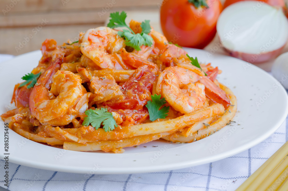 Macaroni, shrimp & bacon with tomato sauce. Macaroni, shrimp & bacon with tomato sauce.