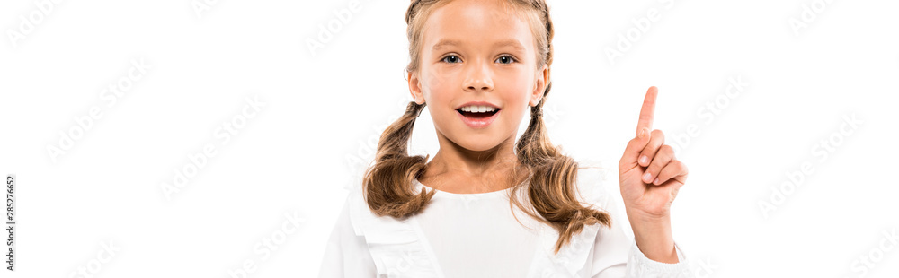 panoramic shot of happy kid having idea isolated on white panoramic shot of happy kid having idea isolated on white