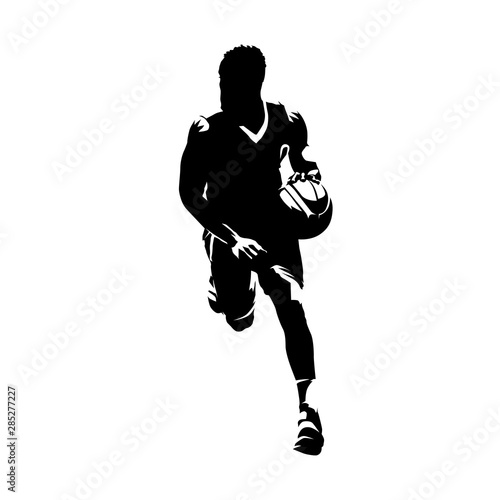 Basketball player running with ball, dribbling. Isolated vector silhouette, ink drawing, front view. Basketball point guard comic style illustration