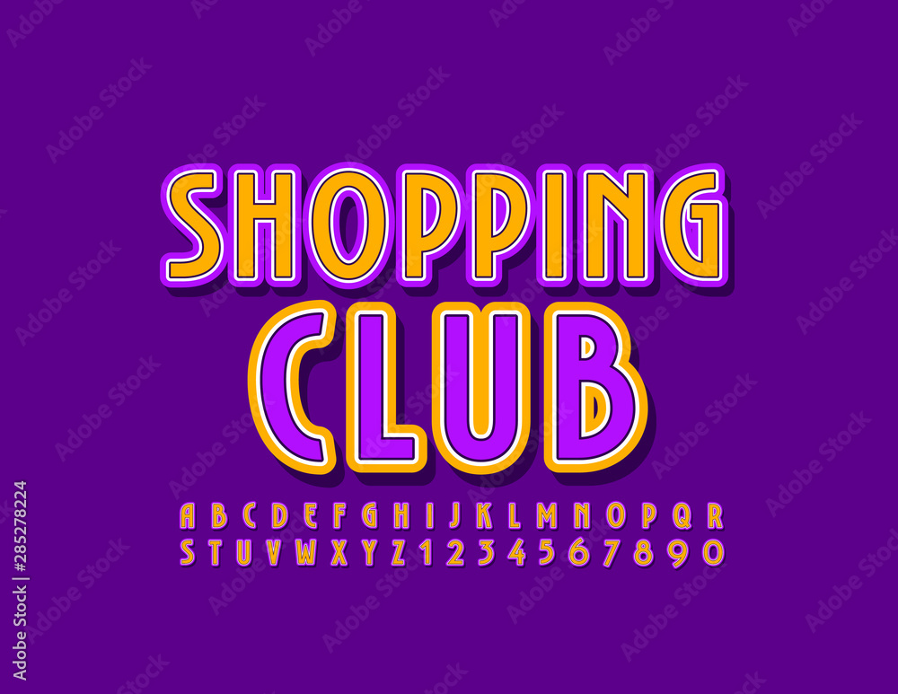 Vector bright Emblem Shopping Club with Colorful Font. Elegant Uppercase Alphabet Letters and Numbers.