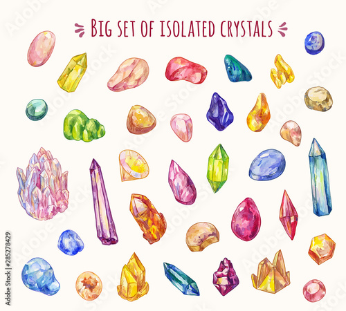 Set of many different crystals in sketch doodle style. Vector hand-drawn icons. Decoration game elements photo