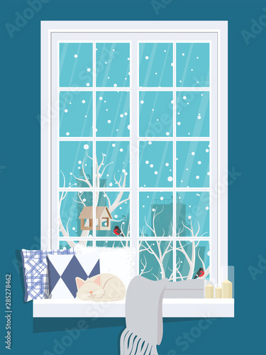 A cozy window with a winter landscape with pillows and a sleeping cat on the windowsill.