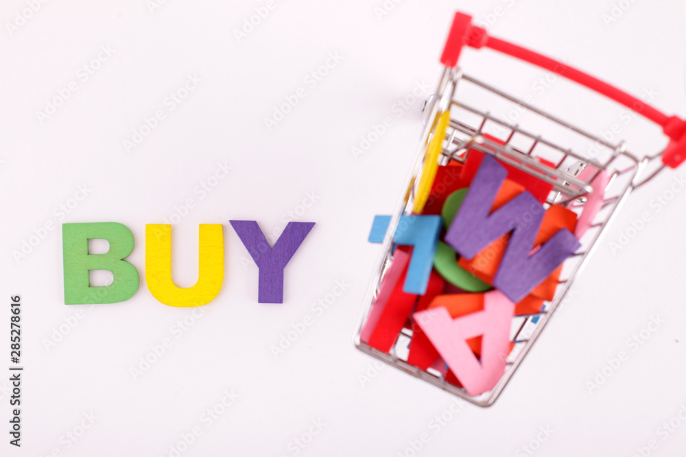 Wooden block on mini trolley wrting BUY Wooden block on mini trolley wrting BUY