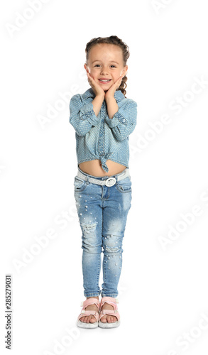 Full length portrait of cute little girl on white background