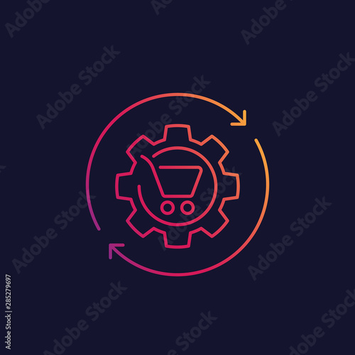 order processing, shopping cart and cogwheel linear icon