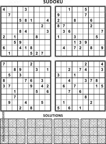Four sudoku puzzles of comfortable (easy, yet not very easy) level, on A4 or Letter sized page with margins, suitable for large print books, answers included. Set 14.