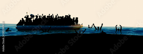 Billede på lærred Refugees on a big rubber boat in the middle of the sea that require help