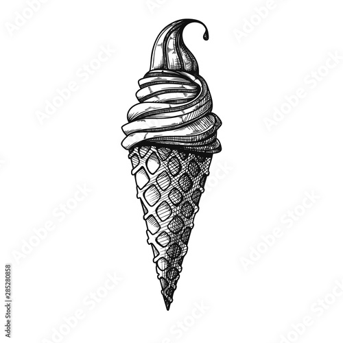 Realistic sketch in a waffle cone. Vector illustration